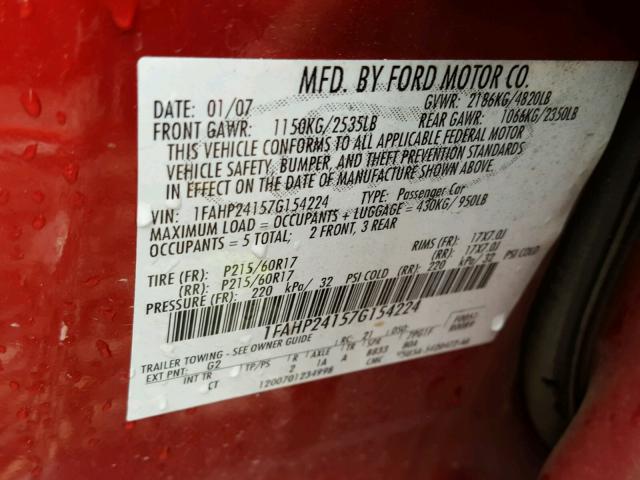 1FAHP24157G154224 - 2007 FORD FIVE HUNDR RED photo 10