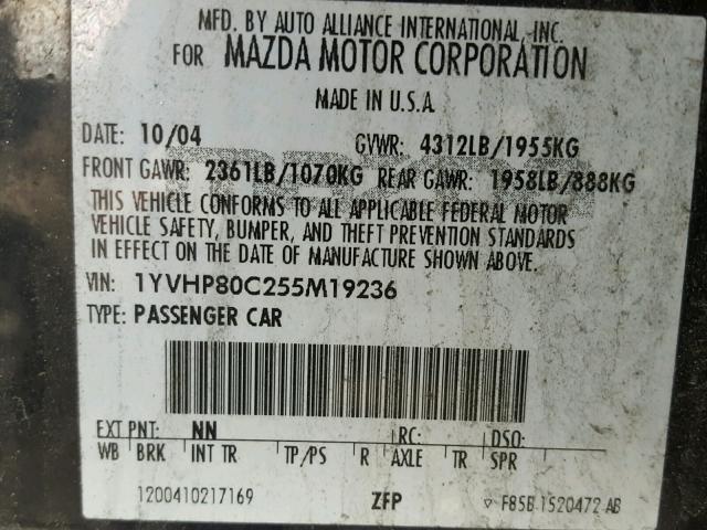 1YVHP80C255M19236 - 2005 MAZDA 6 I 黑色 照片 10