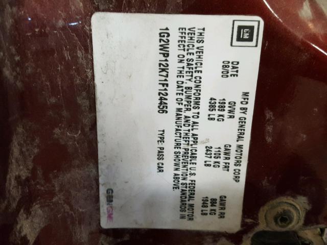 1G2WP12K71F124456 - 2001 PONTIAC GRAND PRIX მუქწითელი ფოტო 10