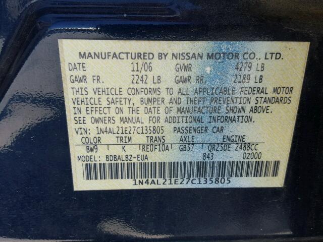 1N4AL21E27C135805 - 2007 NISSAN ALTIMA 2.5 BLUE photo 10