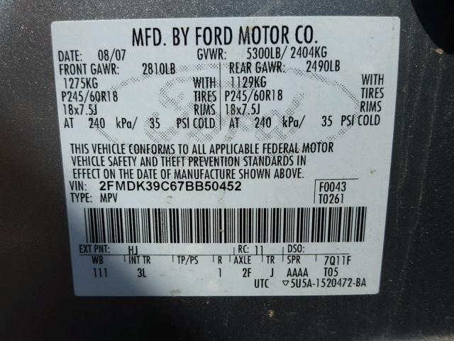 2FMDK39C67BB50452 - 2007 FORD EDGE SEL P SILVER photo 10