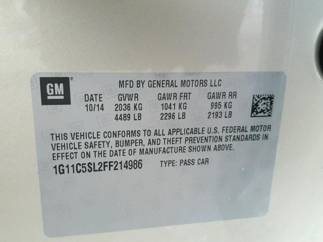 1G11C5SL2FF214986 - 2015 CHEVROLET MALIBU 1LT 金色 照片 10