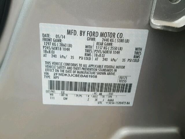 2FMDK3JC8EBA61958 - 2014 FORD EDGE SEL SILVER photo 10