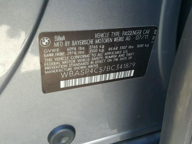 WBASP4C57BC341879 - 2011 BMW 550 GRAY photo 10