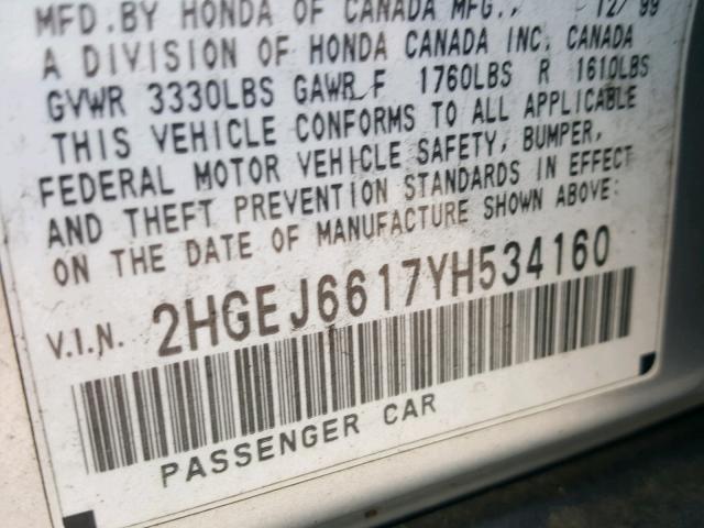 2HGEJ6617YH534160 - 2000 HONDA CIVIC BASE SILVER photo 10