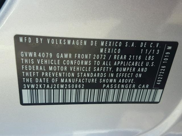 3VW2K7AJ2EM250862 - 2014 VOLKSWAGEN JETTA BASE 银色 照片 10