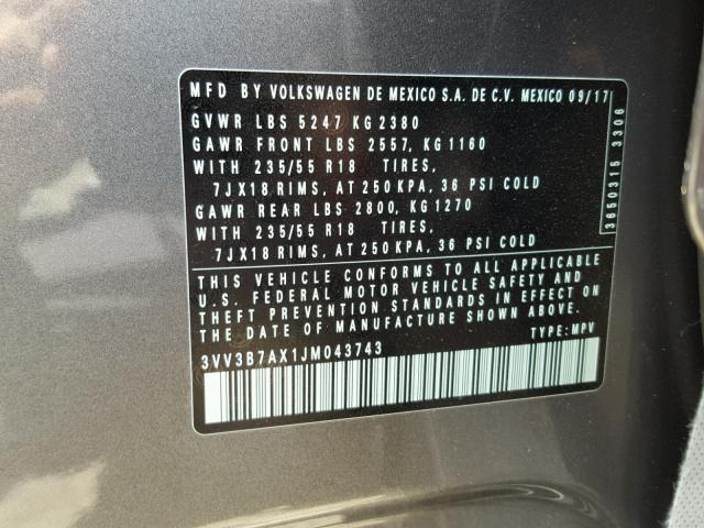 3VV3B7AX1JM043743 - 2018 VOLKSWAGEN TIGUAN SE CHARCOAL photo 10