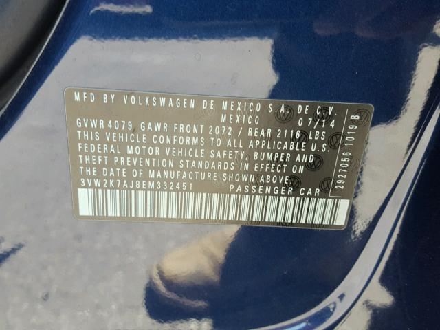 3VW2K7AJ8EM332451 - 2014 VOLKSWAGEN JETTA BASE 蓝色 照片 10