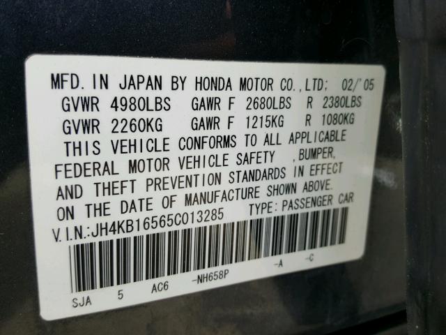 JH4KB16565C013285 - 2005 ACURA RL ლურჯი ფოტო 10