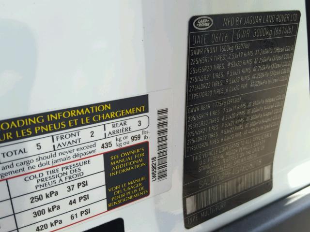 SALWG2PF4GA658218 - 2016 LAND ROVER RANGE ROVE WHITE photo 10