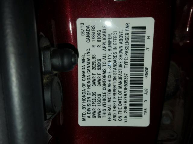 2HGFB2F97DH539367 - 2013 HONDA CIVIC EXL 勃艮第红 照片 10