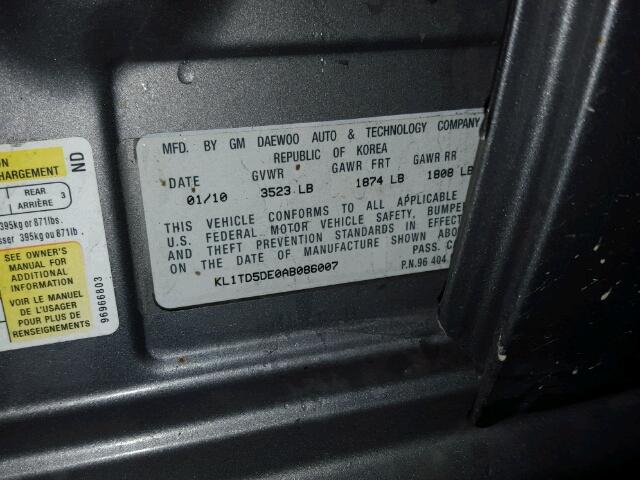 KL1TD5DE0AB086007 - 2010 CHEVROLET AVEO LS GRAY photo 10