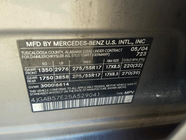 4JGAB57E25A529041 - 2005 MERCEDES-BENZ ML 350 SILVER photo 10