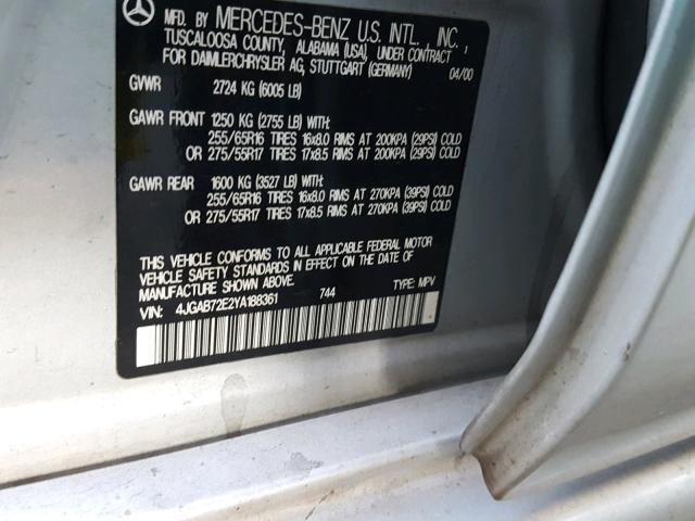 4JGAB72E2YA188361 - 2000 MERCEDES-BENZ ML 430 银色 照片 10