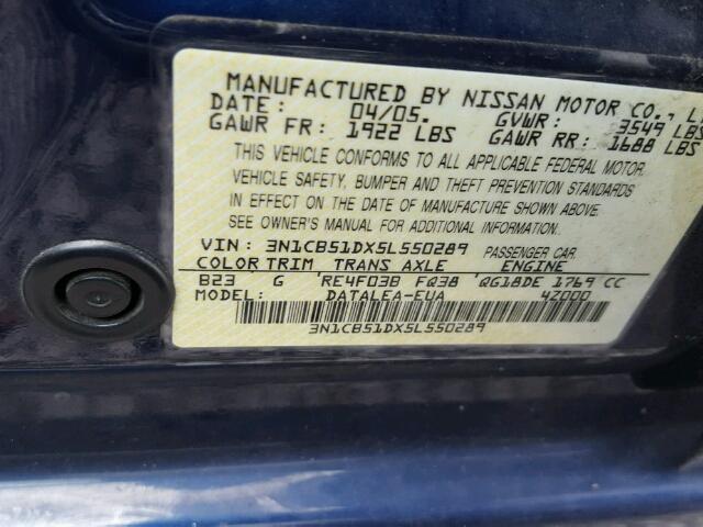 3N1CB51DX5L550289 - 2005 NISSAN SENTRA BLUE photo 10