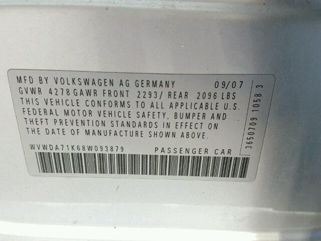 WVWDA71K68W093879 - 2008 VOLKSWAGEN RABBIT SILVER photo 10