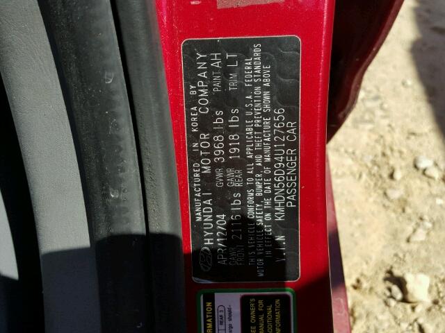 KMHDN56D94U127656 - 2004 HYUNDAI ELANTRA GL RED photo 10