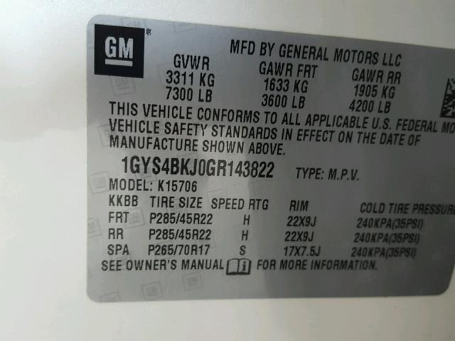 1GYS4BKJ0GR143822 - 2016 CADILLAC ESCALADE L WHITE photo 10