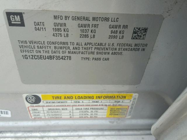 1G1ZC5EU4BF354278 - 2011 CHEVROLET MALIBU 1LT 银色 照片 10