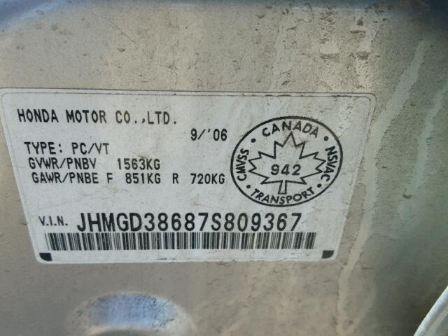 JHMGD38687S809367 - 2007 HONDA FIT S SILVER photo 10