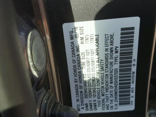 2HKRM3H42GH537020 - 2016 HONDA CR-V SE GRAY photo 10