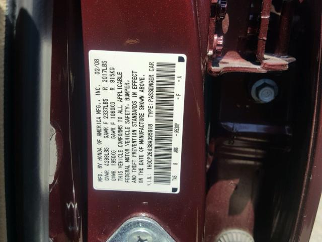 1HGCP26438A095918 - 2008 HONDA ACCORD LXP MAROON photo 10