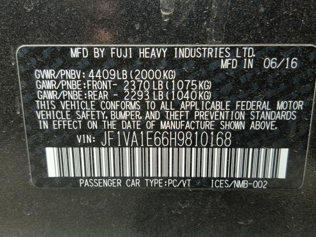 JF1VA1E66H9810168 - 2017 SUBARU WRX PREMIU GRAY photo 10