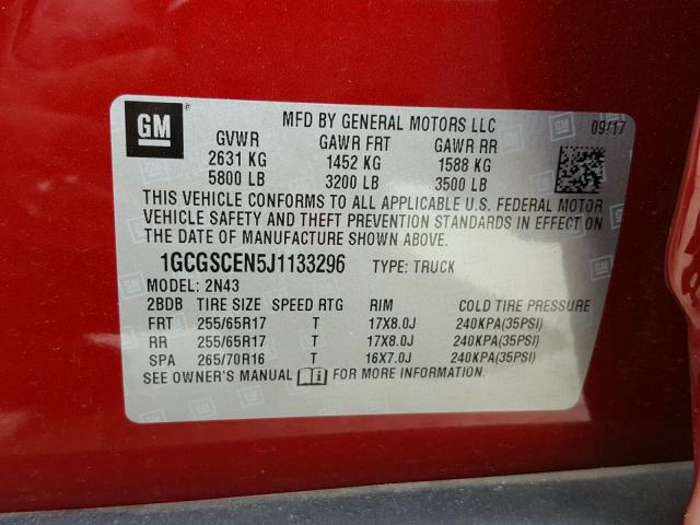 1GCGSCEN5J1133296 - 2018 CHEVROLET COLORADO L RED photo 10