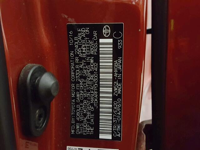 JTDKARFP0H3001402 - 2017 TOYOTA PRIUS PRIM 红色 照片 10