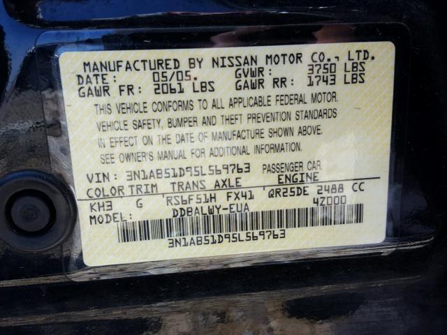 3N1AB51D95L569763 - 2005 NISSAN SENTRA SE- BLACK photo 10