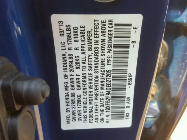 19XFB2F94DE027205 - 2013 HONDA CIVIC EXL BLUE photo 10