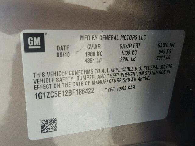 1G1ZC5E12BF186422 - 2011 CHEVROLET MALIBU 1LT ნაცრისფერი ფოტო 10