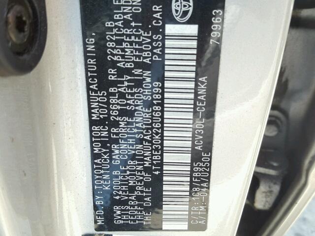 4T1BE30K26U681899 - 2006 TOYOTA CAMRY LE ვერცხლისფერი ფოტო 10