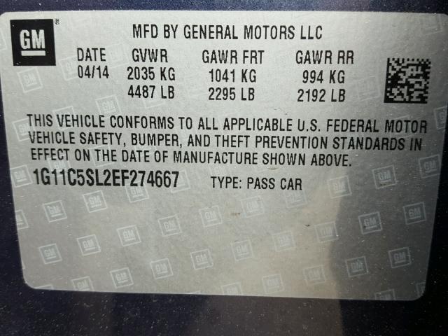 1G11C5SL2EF274667 - 2014 CHEVROLET MALIBU 1LT 蓝色 照片 10
