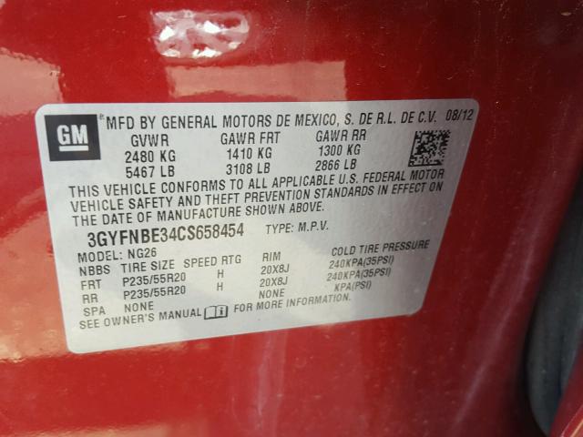 3GYFNBE34CS658454 - 2012 CADILLAC SRX PERFOR RED photo 10