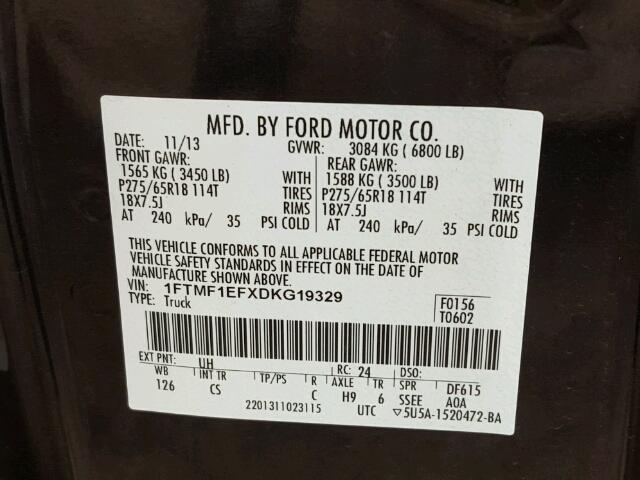 1FTMF1EFXDKG19329 - 2013 FORD F150 BLACK photo 10