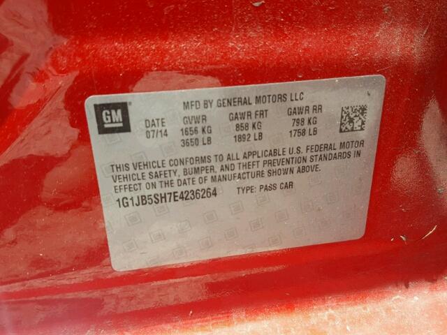 1G1JB5SH7E4236264 - 2014 CHEVROLET SONIC LS 红色 照片 10