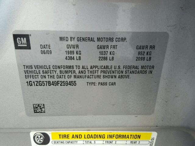 1G1ZG57B49F259455 - 2009 CHEVROLET MALIBU SILVER photo 10