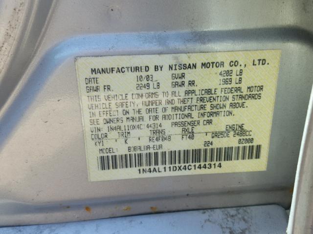 1N4AL11DX4C144314 - 2004 NISSAN ALTIMA BAS GRAY photo 10