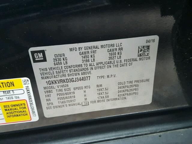 1GKKVRKD3GJ344977 - 2016 GMC ACADIA SLT 黑色 照片 10