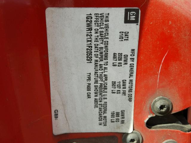 1G2WR121X1F205291 - 2001 PONTIAC GRAND PRIX RED photo 10