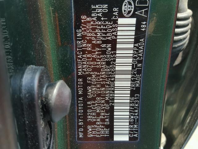 2T1BPRHE4GC602151 - 2016 TOYOTA COROLLA EC 绿色 照片 10