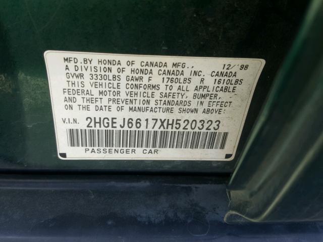 2HGEJ6617XH520323 - 1999 HONDA CIVIC BASE GREEN photo 10