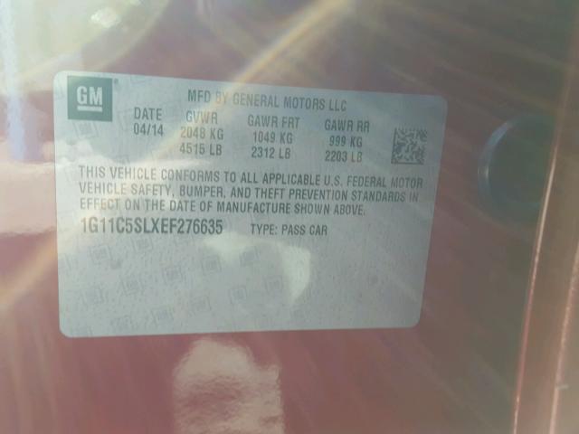 1G11C5SLXEF276635 - 2014 CHEVROLET MALIBU 1LT 红色 照片 10
