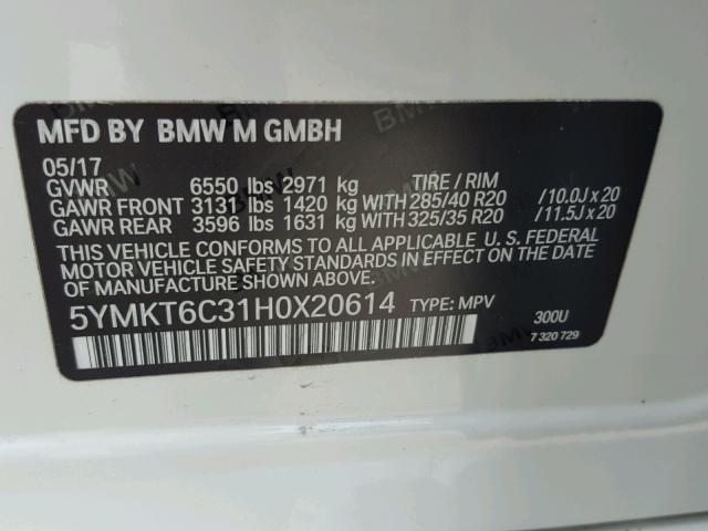 5YMKT6C31H0X20614 - 2017 BMW X5 M WHITE photo 10