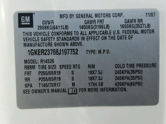 1GKER23768J197752 - 2008 GMC ACADIA SLT თეთრი ფოტო 10