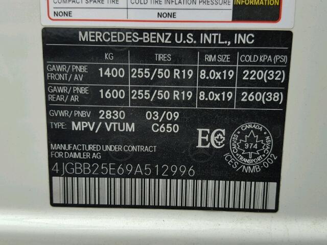 4JGBB25E69A512996 - 2009 MERCEDES-BENZ ML WHITE photo 10