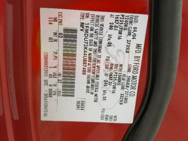 1FMDU73K44UB87488 - 2004 FORD EXPLORER RED photo 10