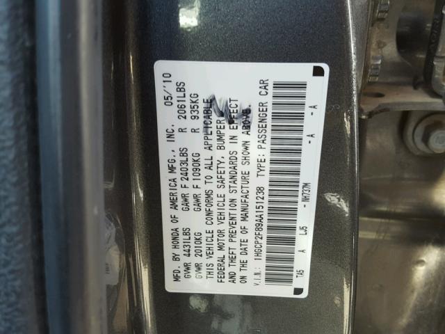 1HGCP2F89AA151238 - 2010 HONDA ACCORD EXL CHARCOAL photo 10