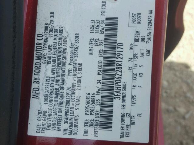 3FAHP06Z28R129170 - 2008 FORD FUSION S RED photo 10